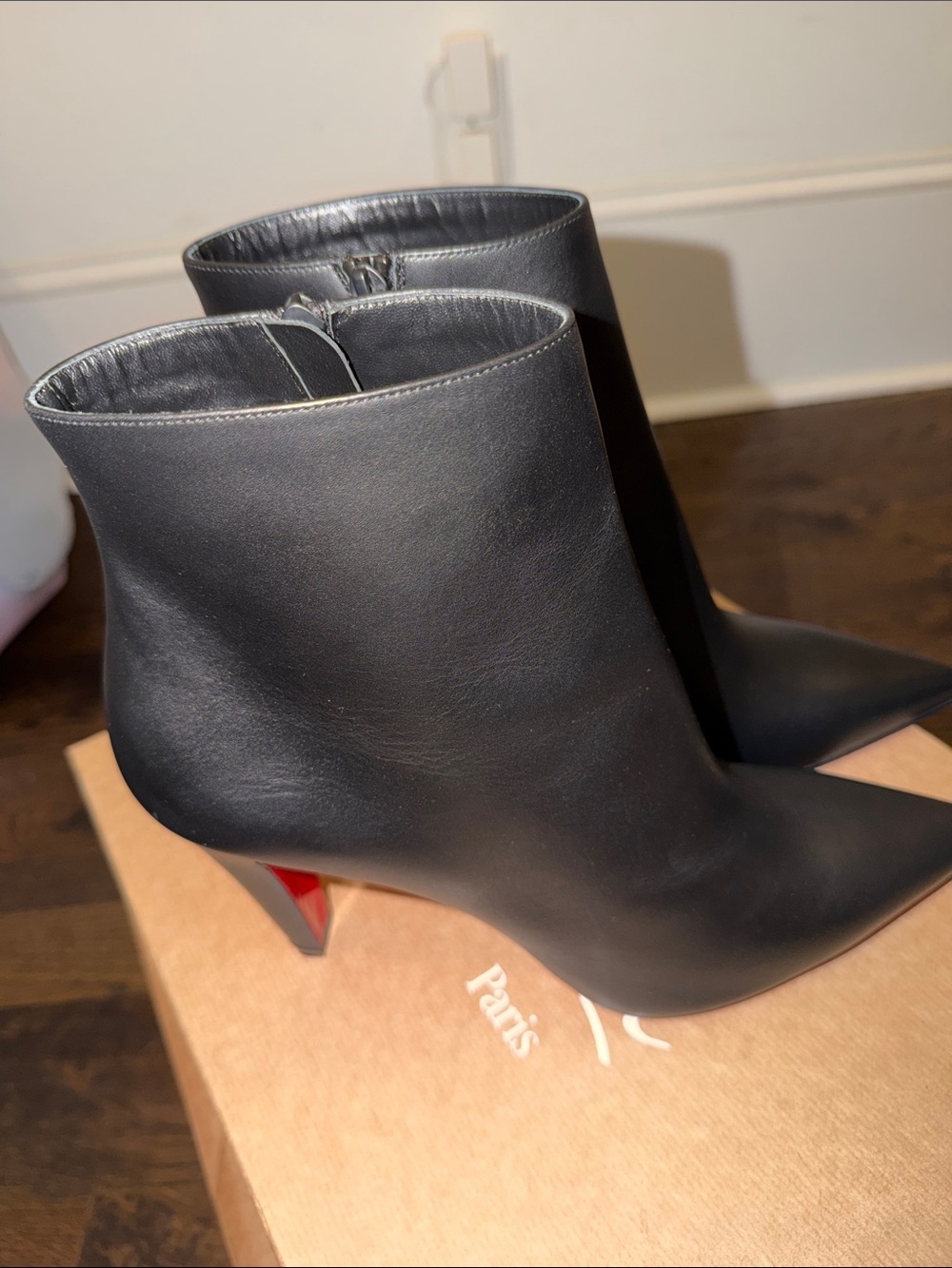 Christian Louboutin Black Leather Pointed Ankle Booties with Red Heel